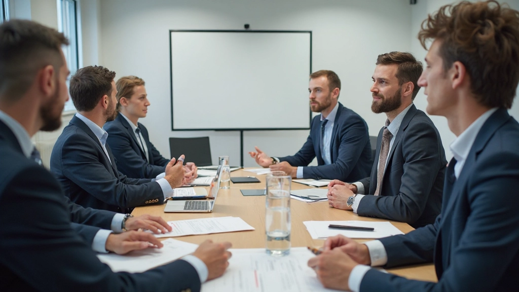 Möte i konferensrum med deltagare som diskuterar mål och åtgärdspunkter