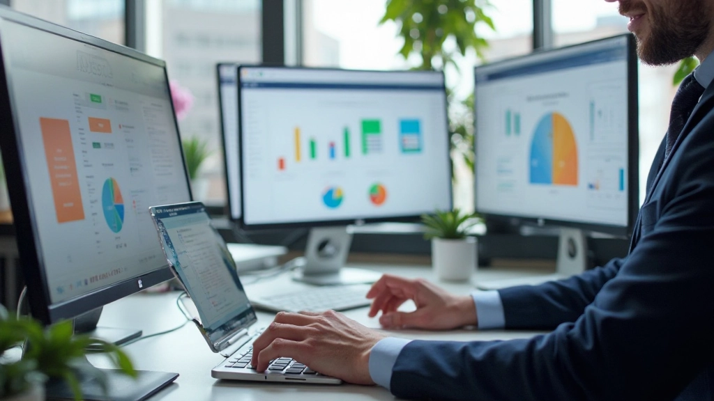 Modernt arbetsområde med flera digitala verktyg på skärmen, laptop och tablet visar produktivitetsappar