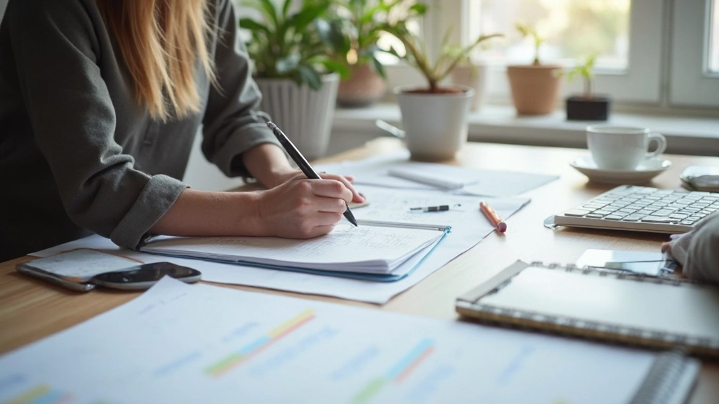 Professionell arbetsyta med dagbok, klocka och planeringsanteckningar för tidsblockering