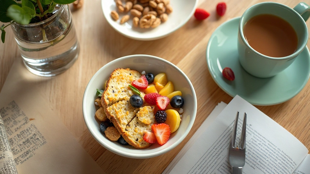 Närbild av en hälsosam frukostskål med frukt, nötter och grönt te på en trä skrivbord