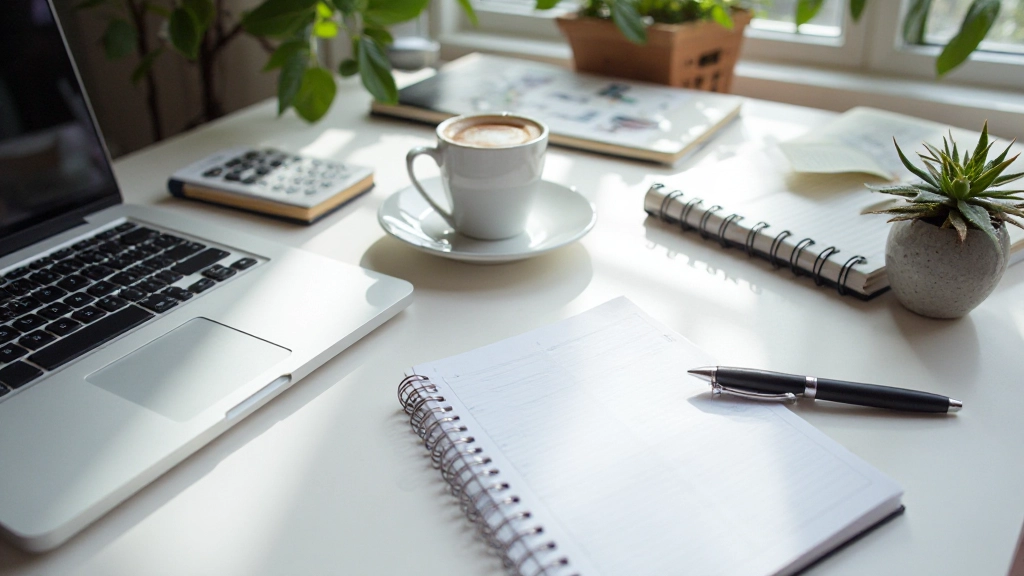 Professionell arbetsplats med laptop, anteckningsblock och organiserade verktyg för produktiv arbetsdag